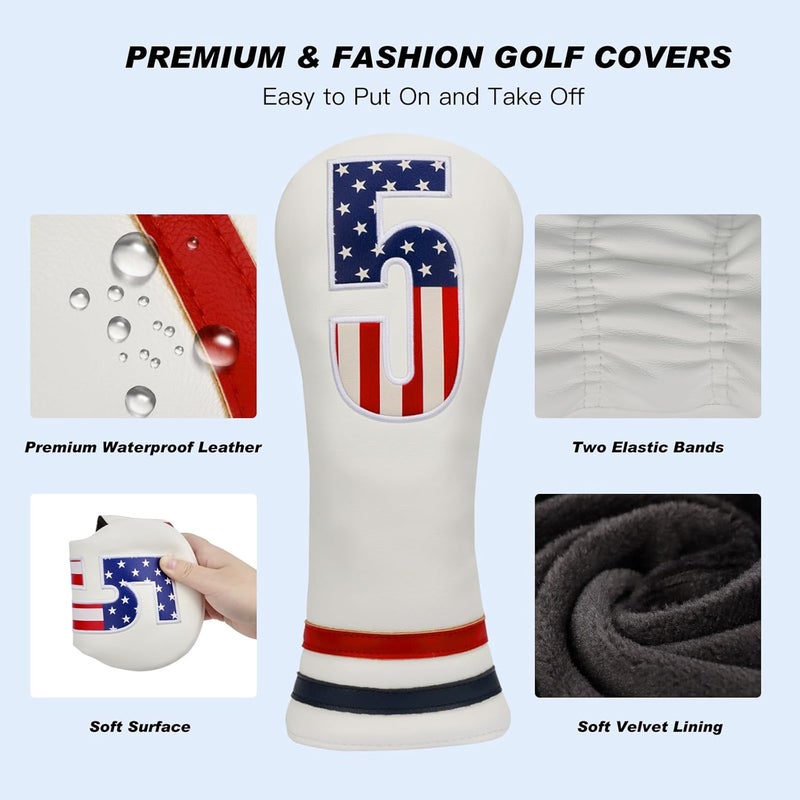 PONADA Golf Head Covers, 4pcs or 1pc USA Stars and Stripes Golf Club Covers for Woods and Driver Fairway Hybrid, PU Leather Golf Club Head Covers for Men Women with Interchangeable Tags, Fits Most Golf Clubs - Image 2